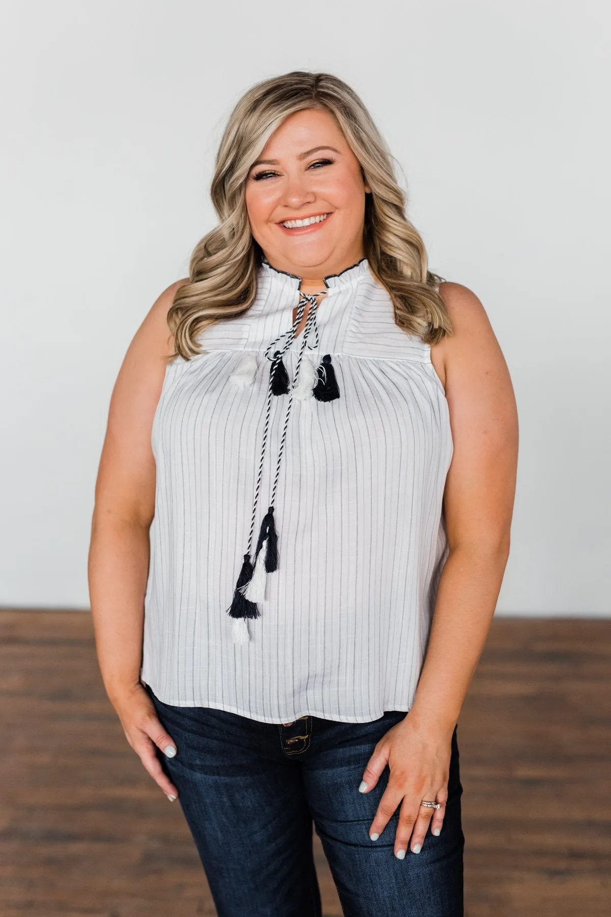 Secret Charm Striped Tassel Tank Top- Ivory & Navy