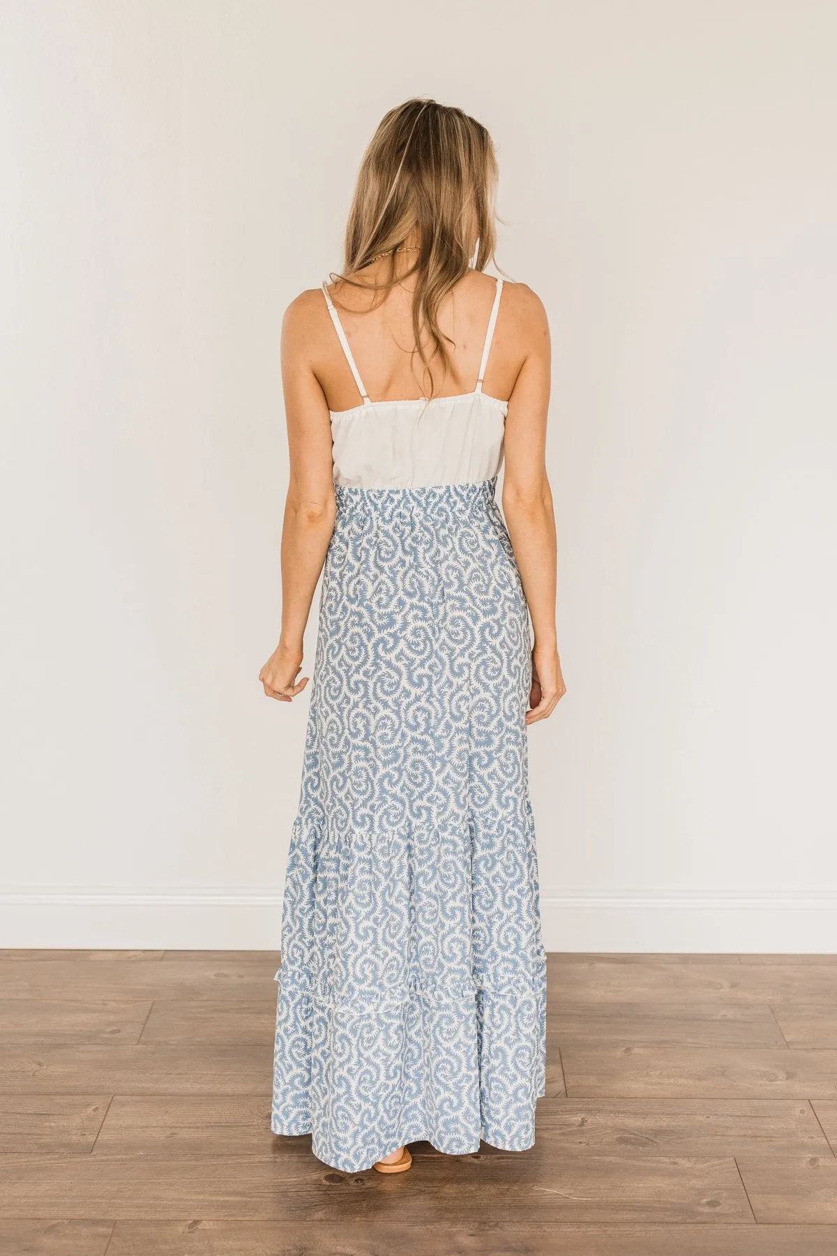 Sense Of Wonder Ruffle Maxi Dress- Steel Blue & Ivory