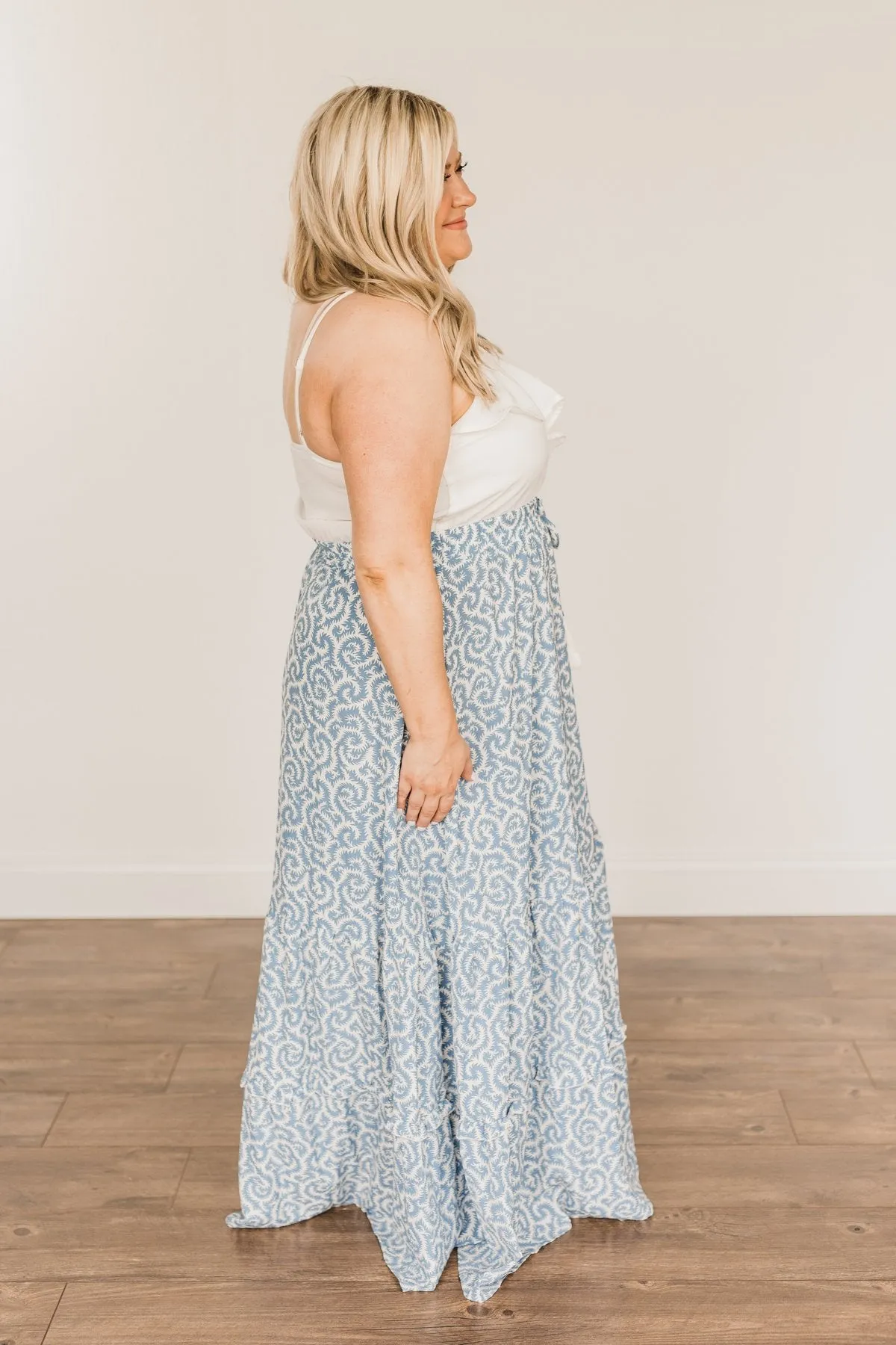 Sense Of Wonder Ruffle Maxi Dress- Steel Blue & Ivory