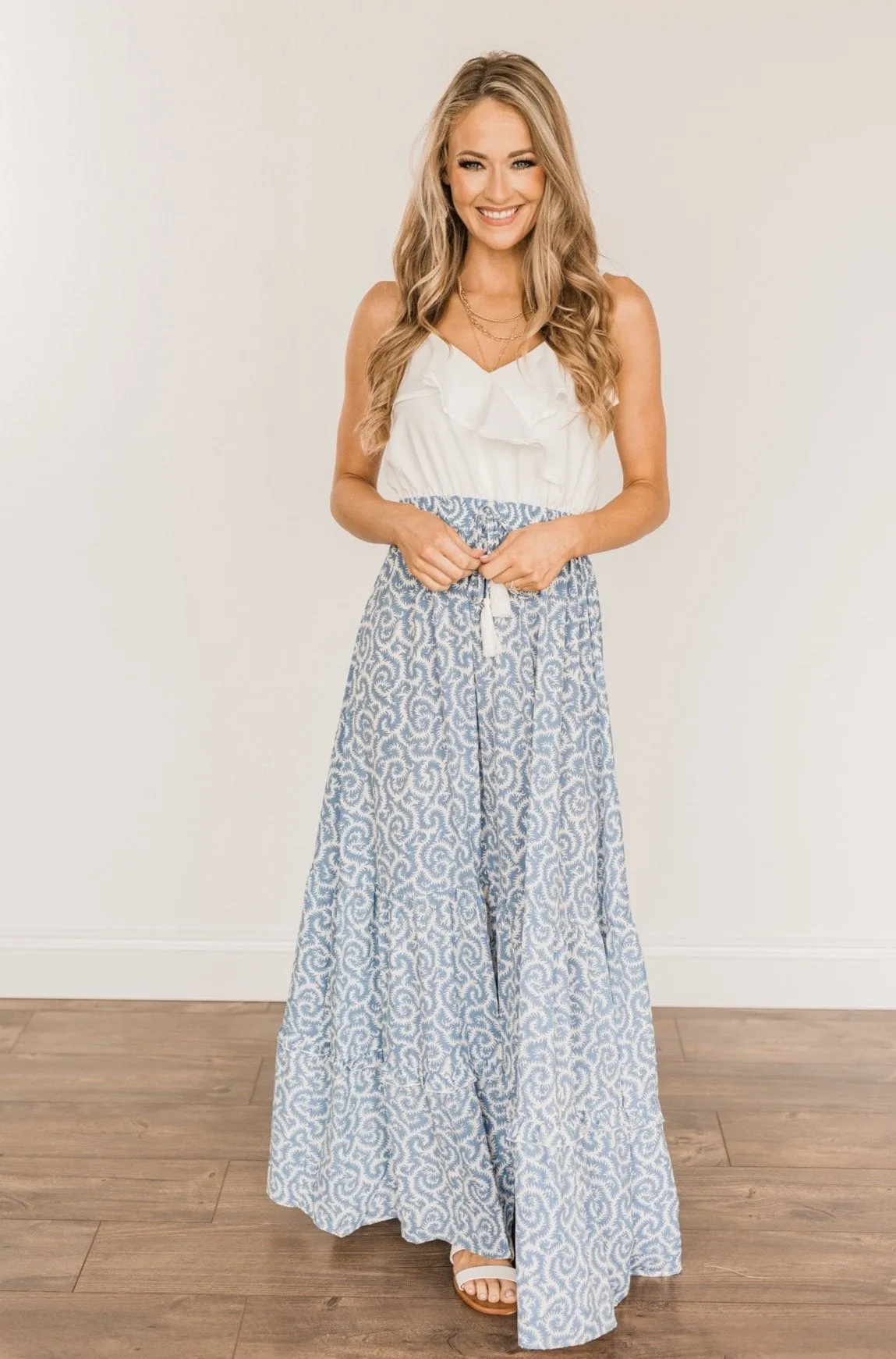 Sense Of Wonder Ruffle Maxi Dress- Steel Blue & Ivory