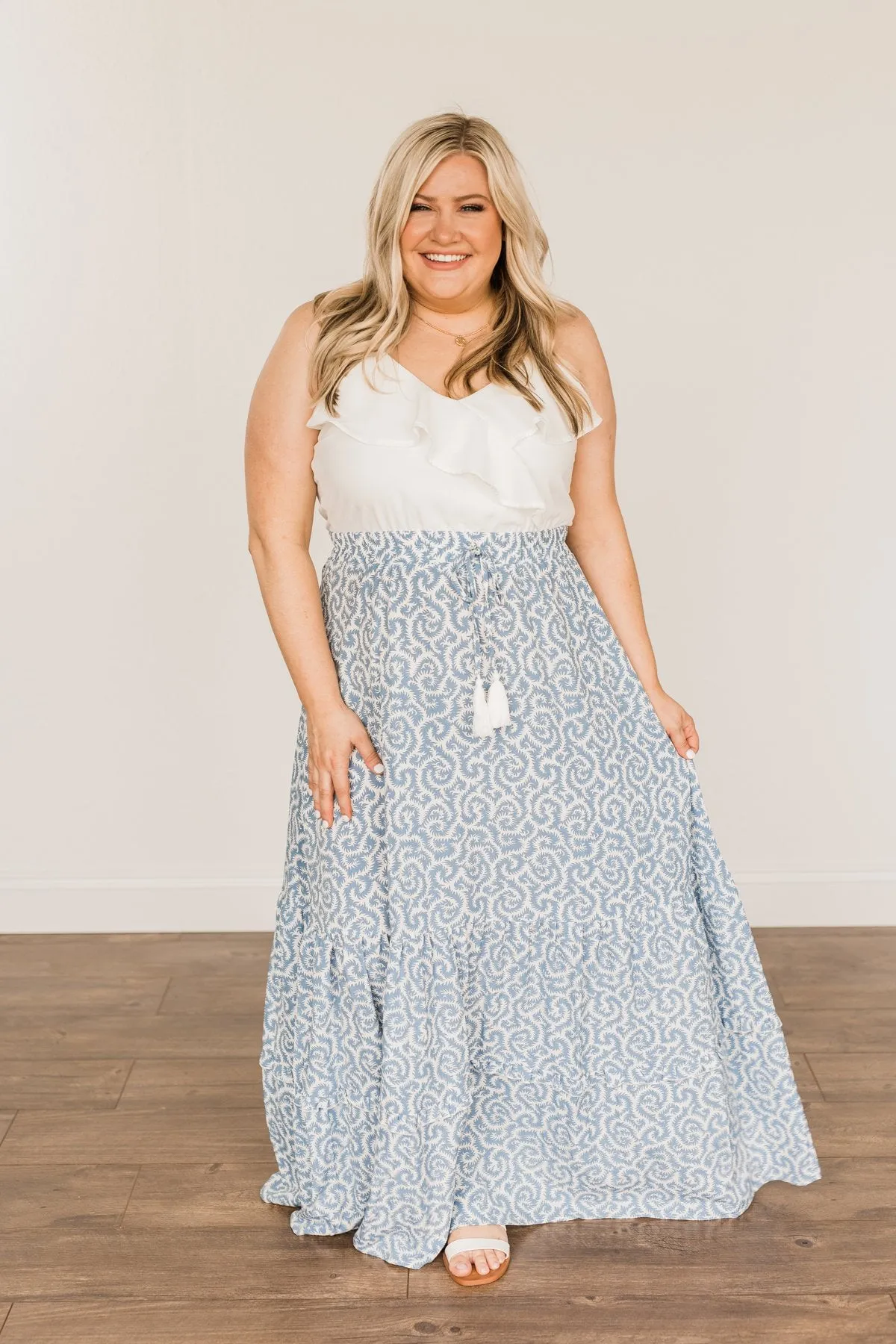 Sense Of Wonder Ruffle Maxi Dress- Steel Blue & Ivory