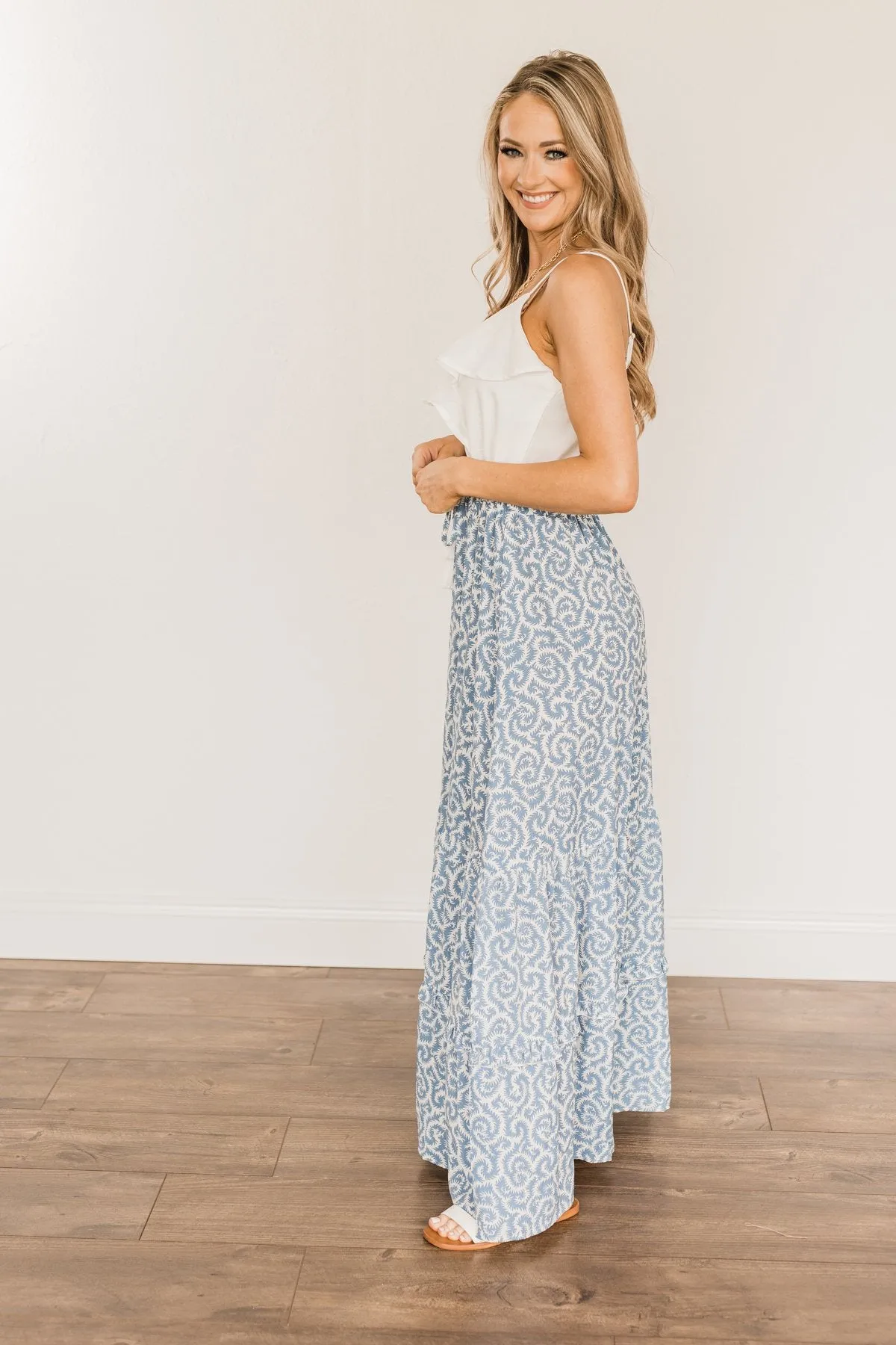Sense Of Wonder Ruffle Maxi Dress- Steel Blue & Ivory