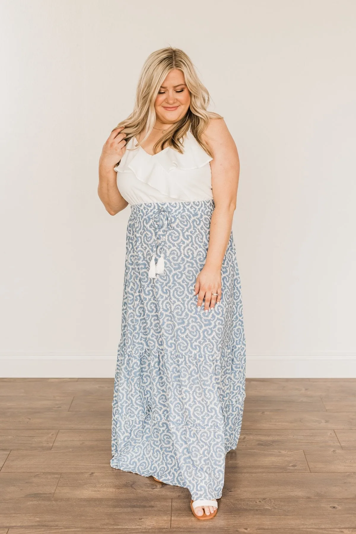 Sense Of Wonder Ruffle Maxi Dress- Steel Blue & Ivory