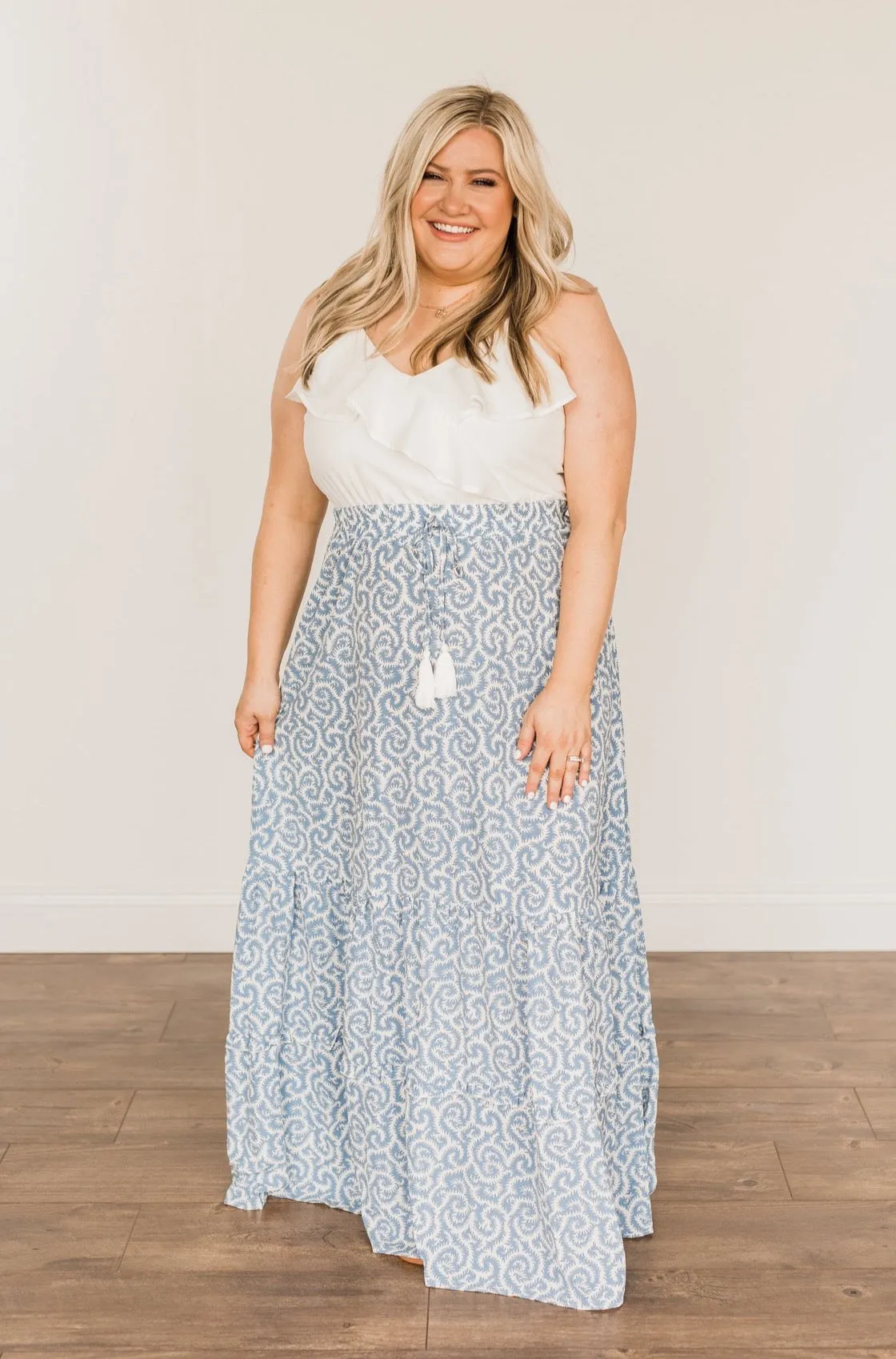 Sense Of Wonder Ruffle Maxi Dress- Steel Blue & Ivory