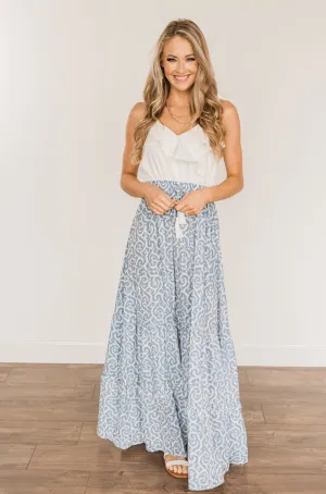 Sense Of Wonder Ruffle Maxi Dress- Steel Blue & Ivory