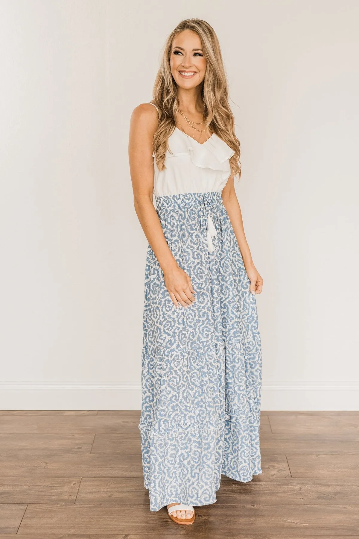 Sense Of Wonder Ruffle Maxi Dress- Steel Blue & Ivory