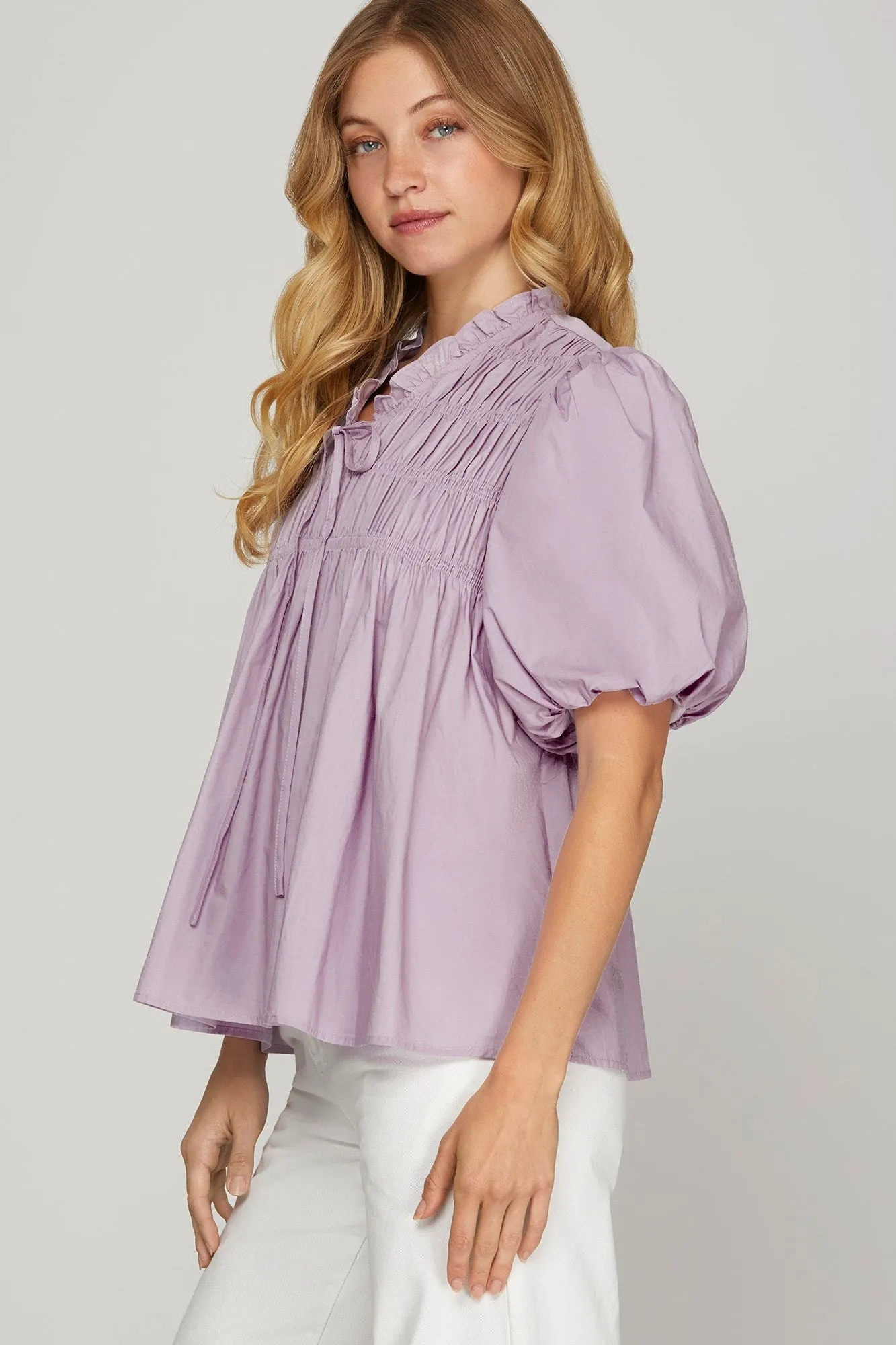 She   Sky Smocked Front Puff Sleeve Woven Blouse
