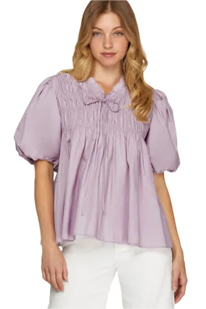 She   Sky Smocked Front Puff Sleeve Woven Blouse