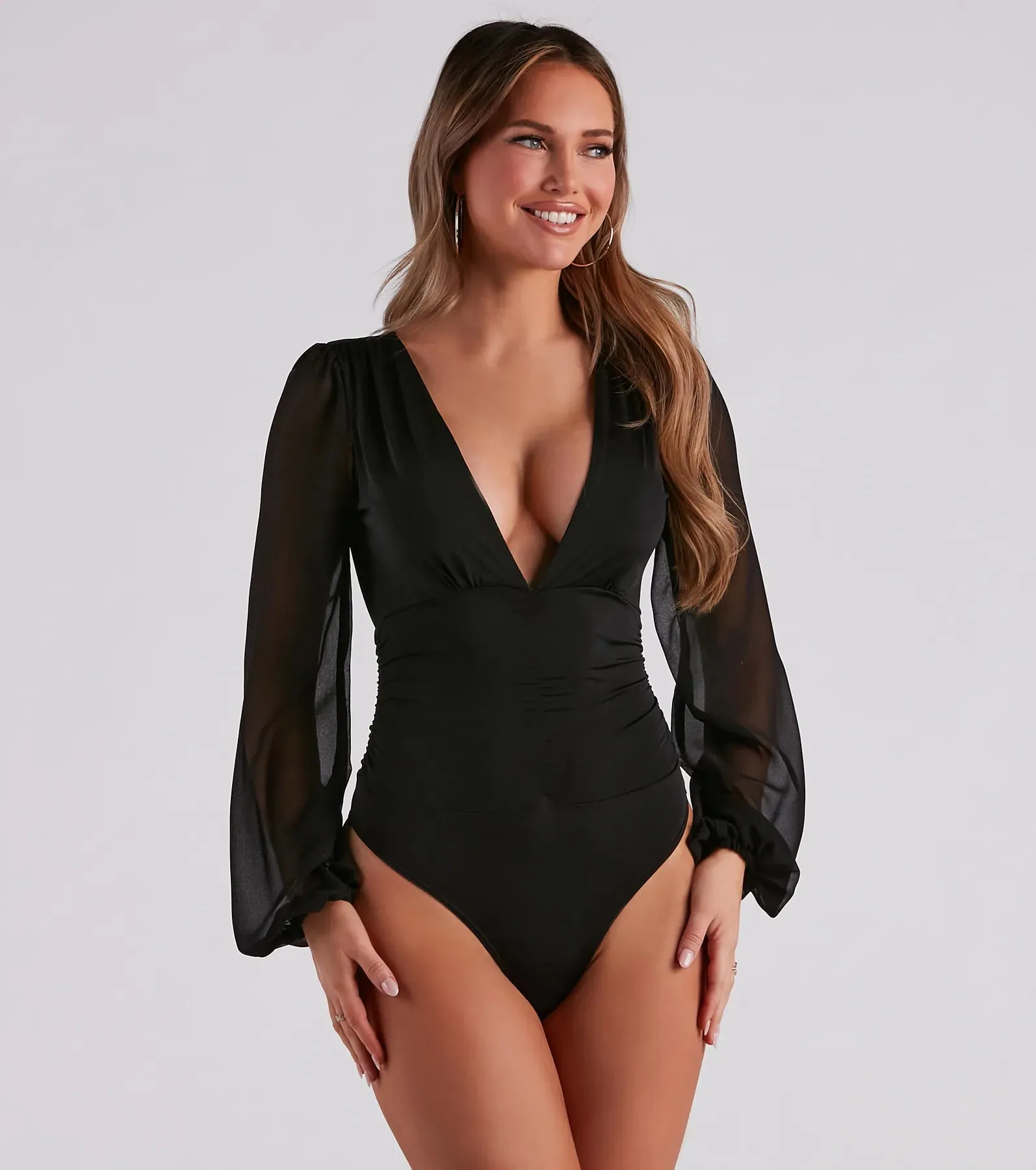 Sheer And Sultry Plunging Bodysuit