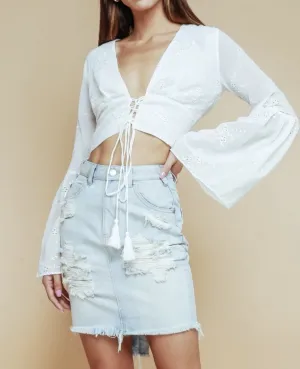Sheer Flower Embroidery Low V Cut Lace Up Bell Sleeve Lace Top