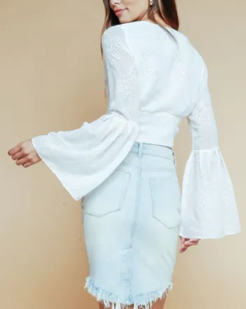 Sheer Flower Embroidery Low V Cut Lace Up Bell Sleeve Lace Top
