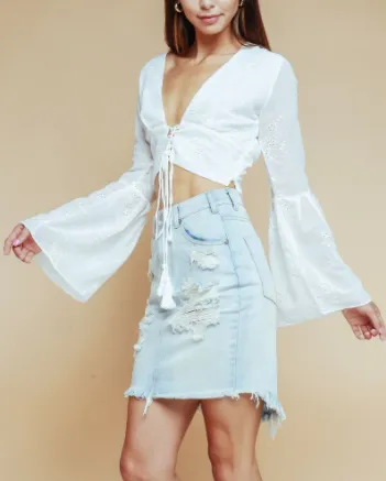 Sheer Flower Embroidery Low V Cut Lace Up Bell Sleeve Lace Top