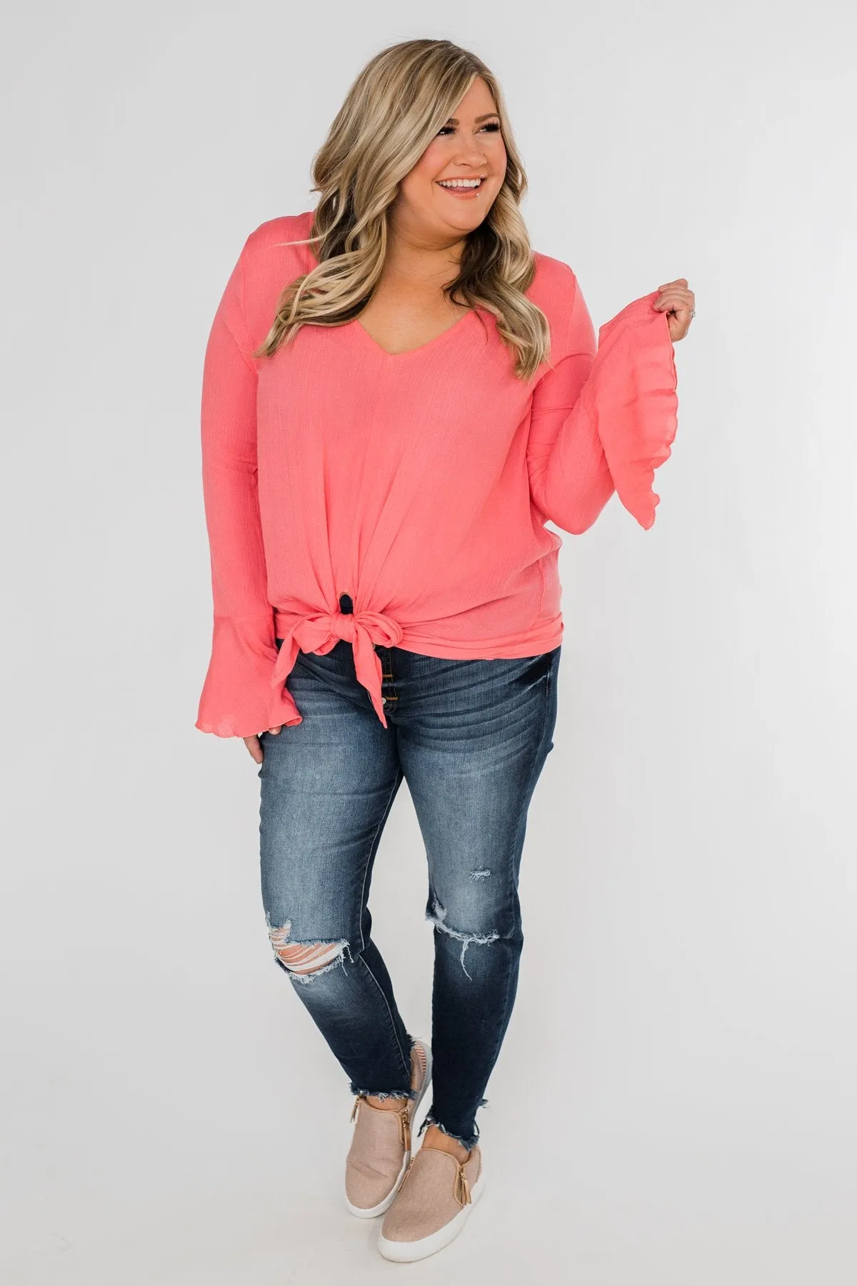 She's a Sweetheart V-Neck Tie Top- Coral