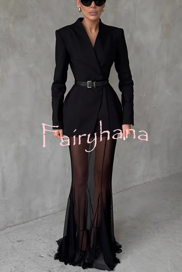 Shes Timeless Mesh High Rise Elastic Waist Fishtail Maxi Skirt