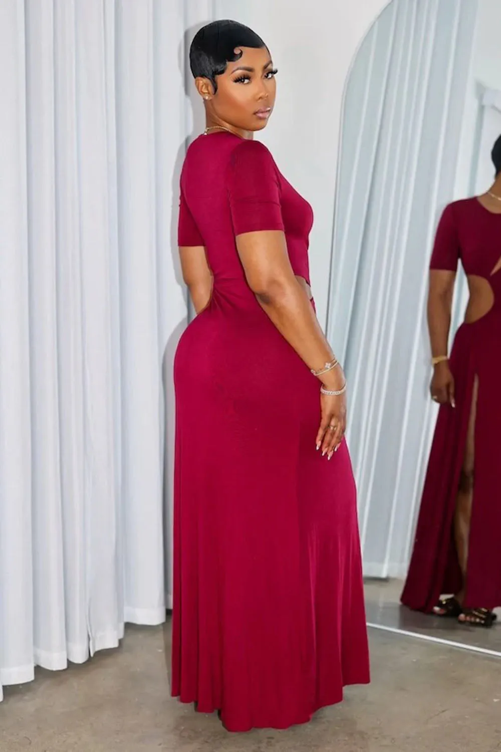 Short Sleeve Asymmetric Cutout Ruched High Slit Maxi Dresses-Red [Pre Order]