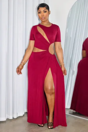 Short Sleeve Asymmetric Cutout Ruched High Slit Maxi Dresses-Red [Pre Order]