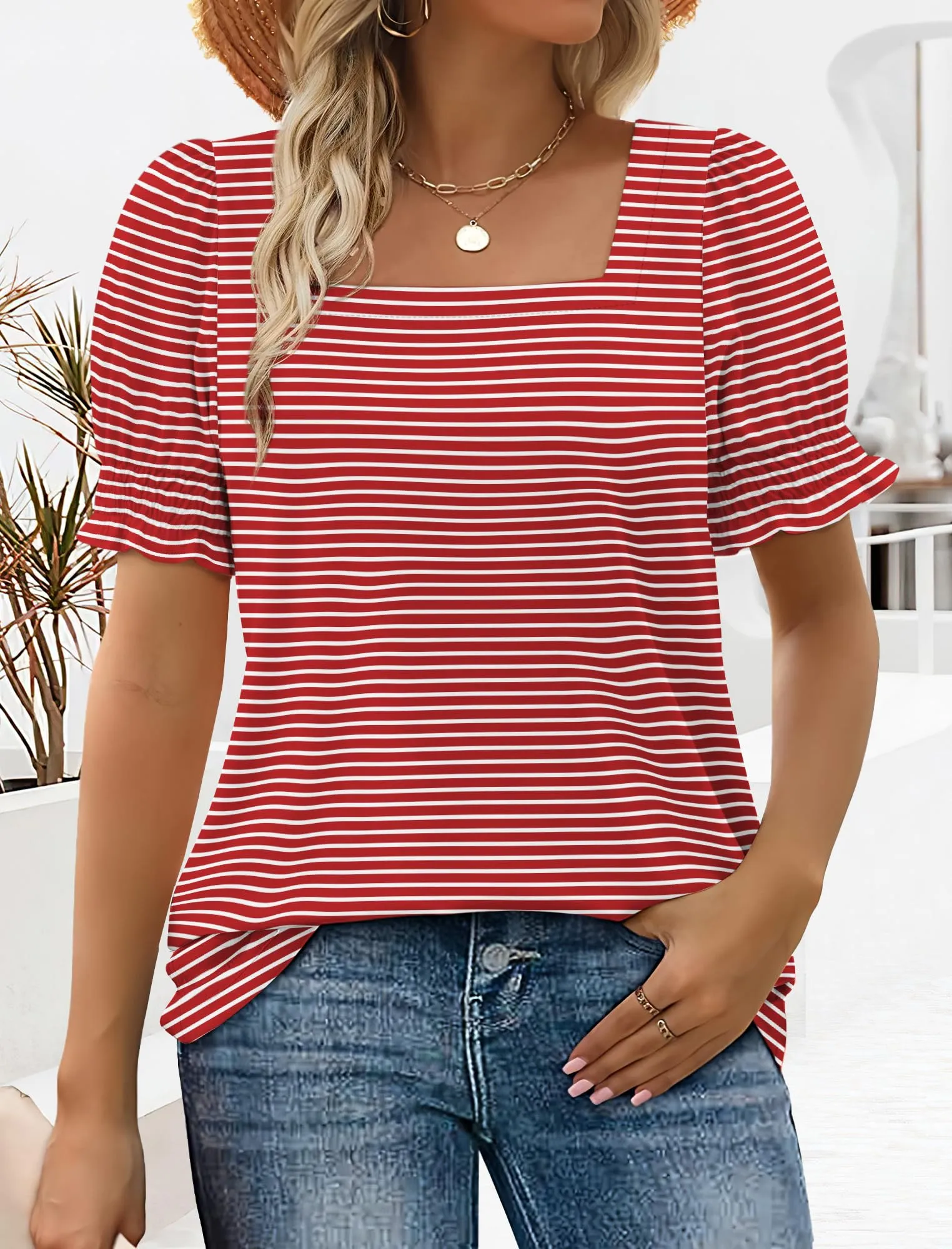 Short Sleeve Shirts for Women Dressy Casual Summer Spring Going Out Tops New Year Outfits 2025 Festival Red Stripe M.