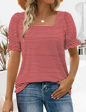 Short Sleeve Shirts for Women Dressy Casual Summer Spring Going Out Tops New Year Outfits 2025 Festival Red Stripe M.