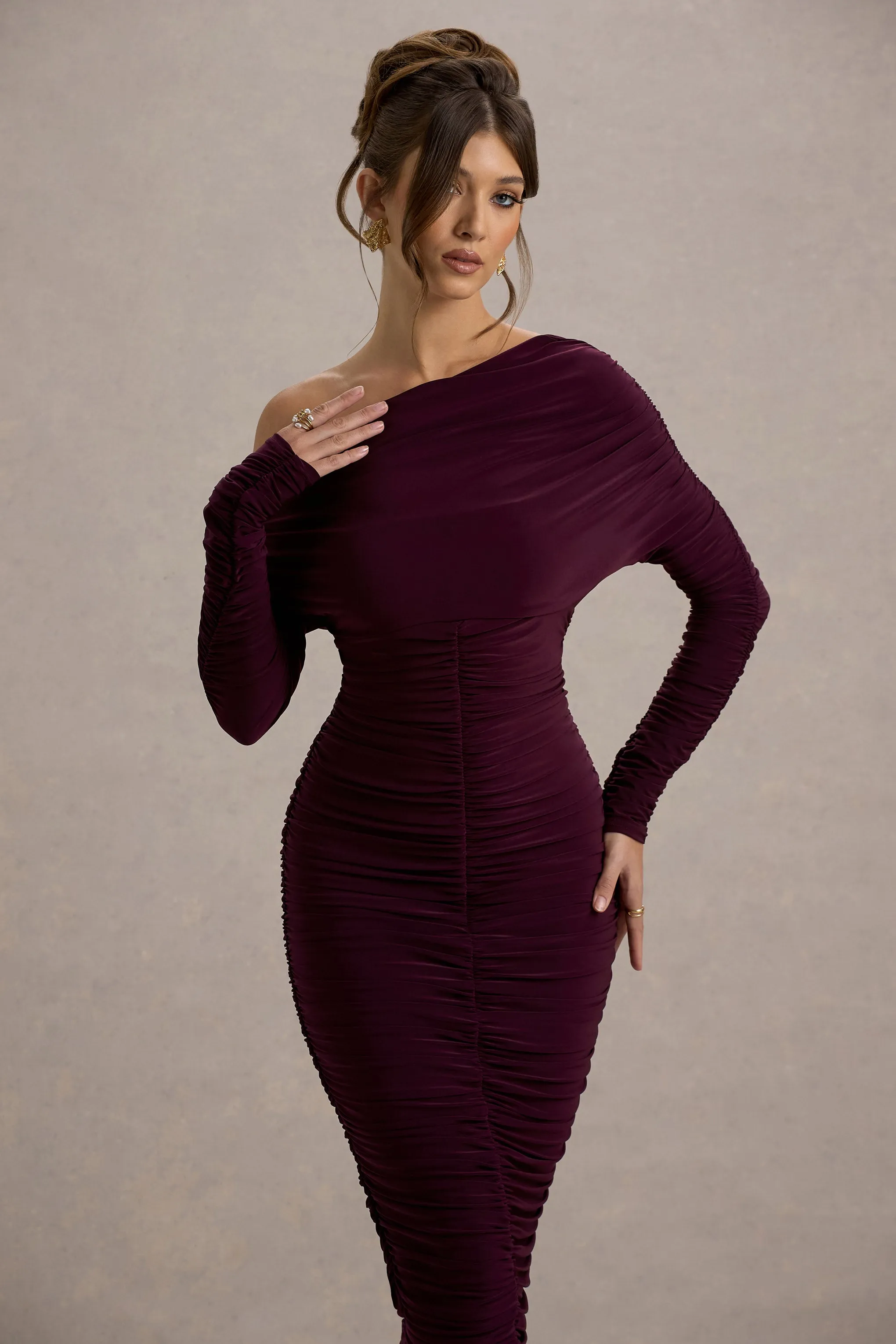 Sinclair | Plum Ruched One-Shoulder Bodycon Midi Dress