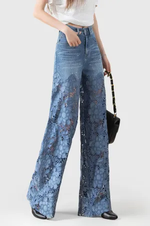 Sky blue 2000s lace neckline patchwork wide jeans 