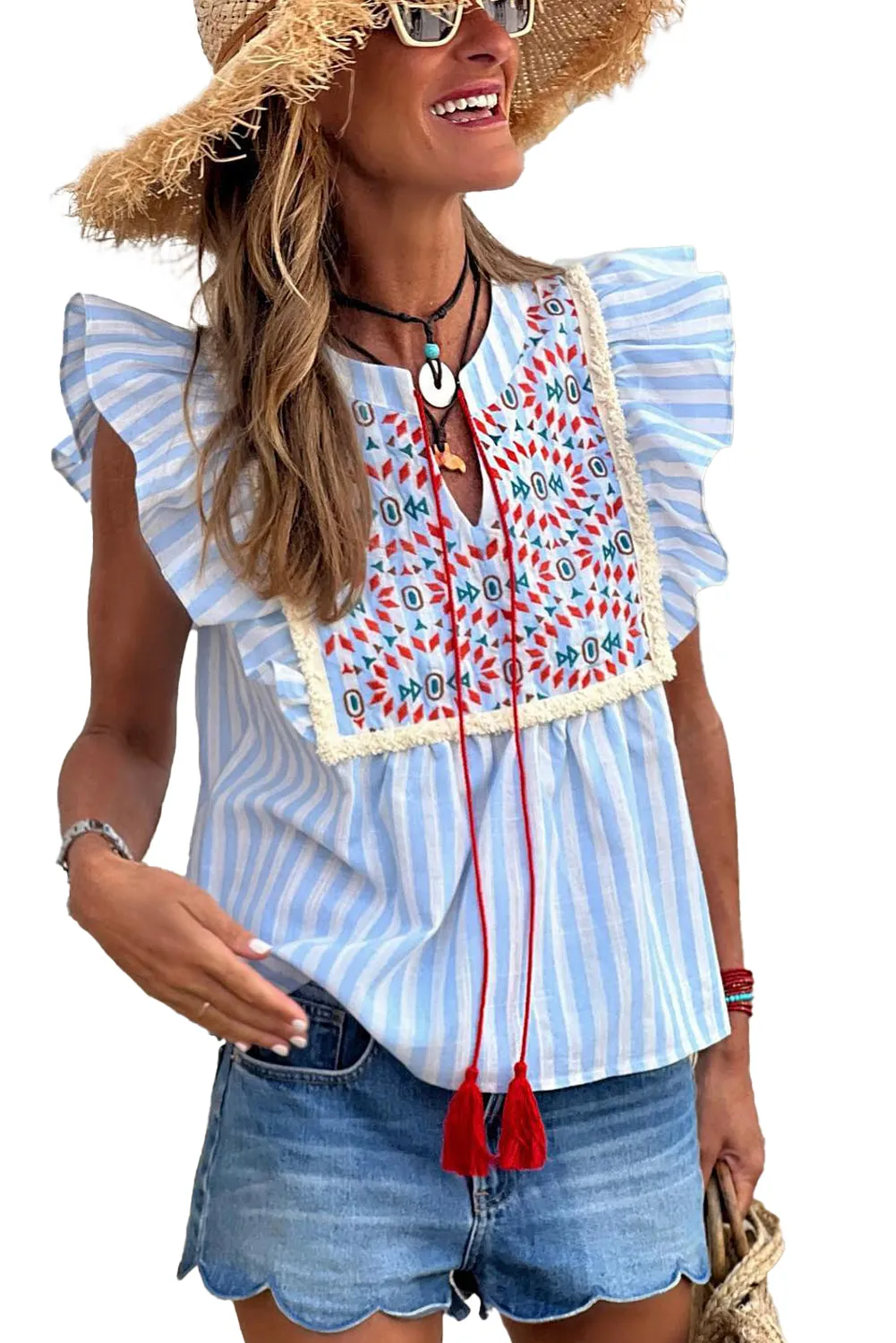 Sky Blue Stripe Geo Pattern Embroidered Tassel Flutter Blouse