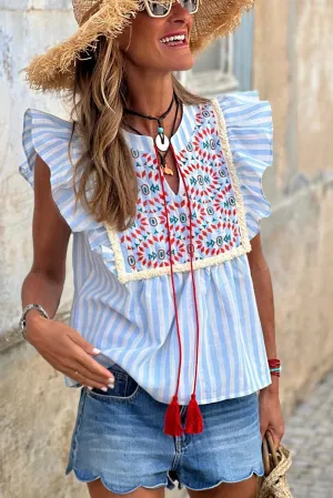 Sky Blue Stripe Geo Pattern Embroidered Tassel Flutter Blouse