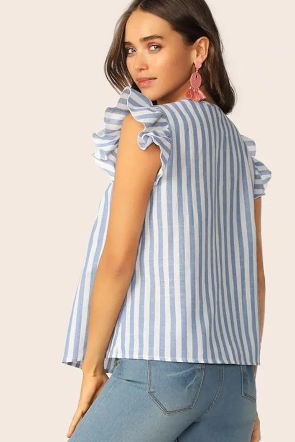 Sky Blue Stripe Geo Pattern Embroidered Tassel Flutter Blouse