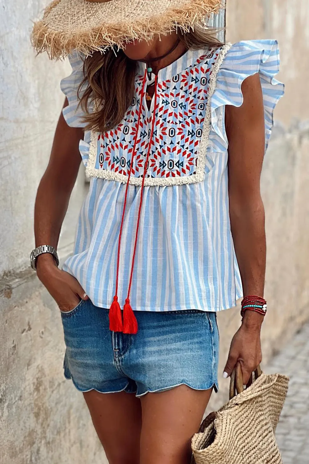 Sky Blue Stripe Geo Pattern Embroidered Tassel Flutter Blouse