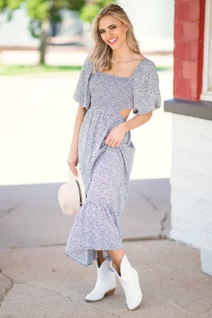 Slate Blue Floral Midi Dress with Back Cutout