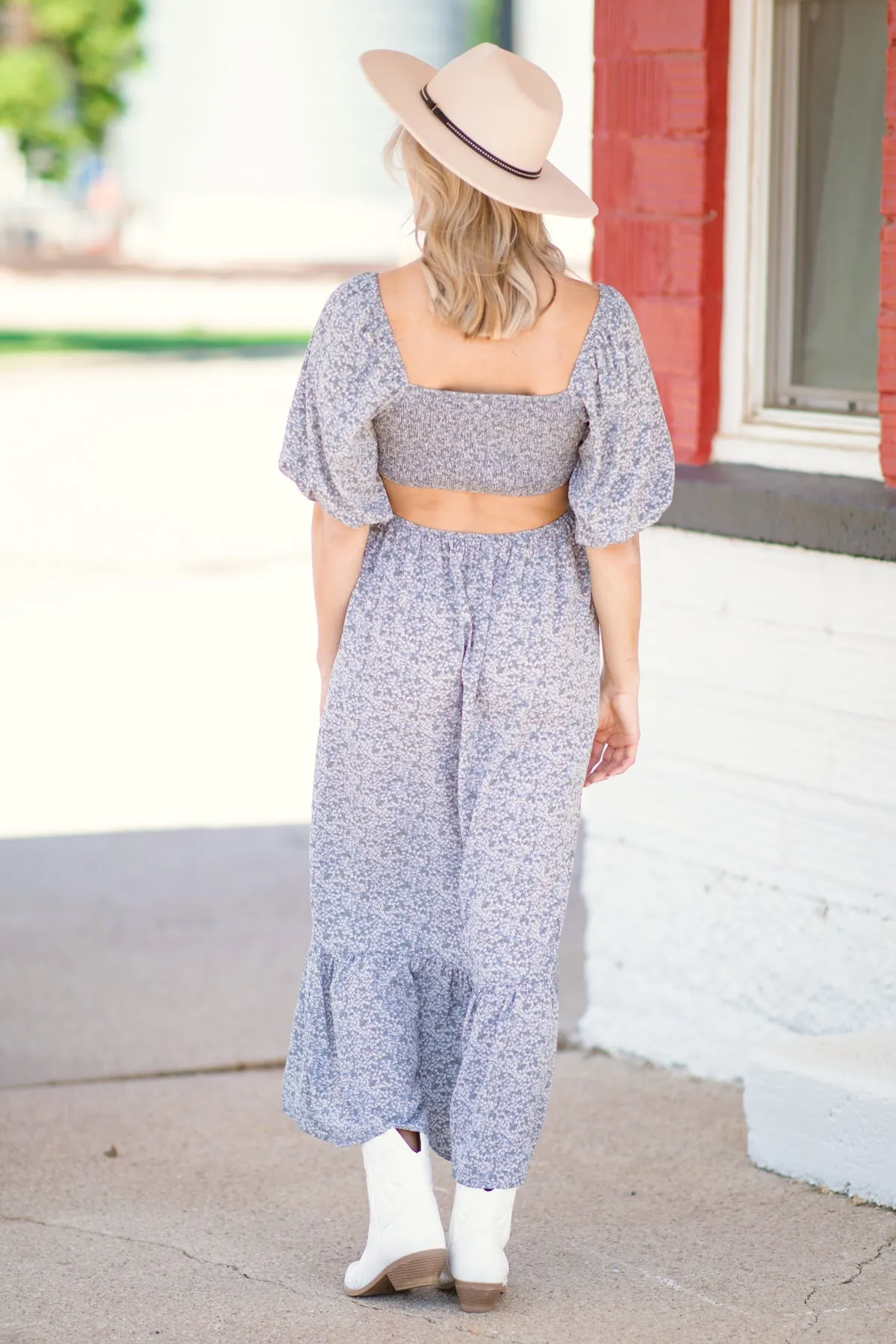 Slate Blue Floral Midi Dress with Back Cutout