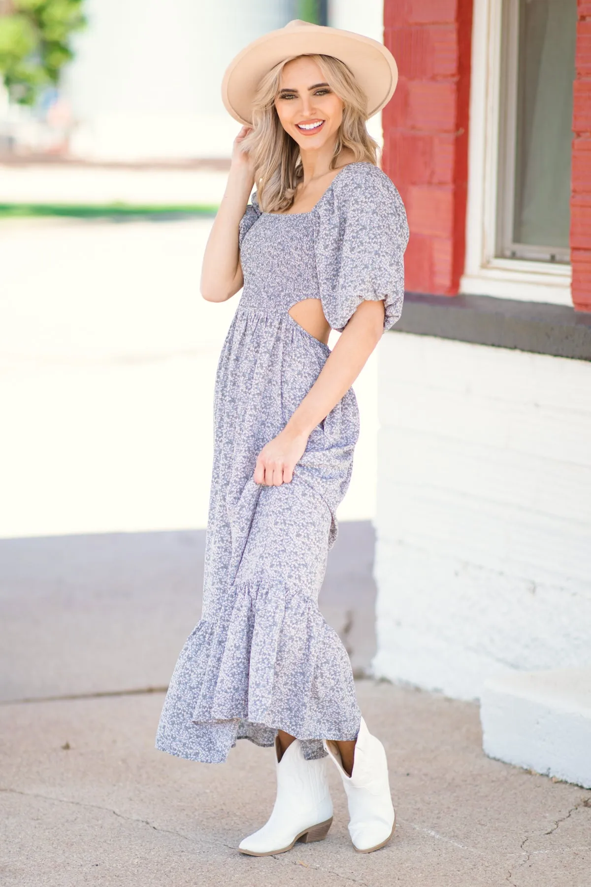Slate Blue Floral Midi Dress with Back Cutout