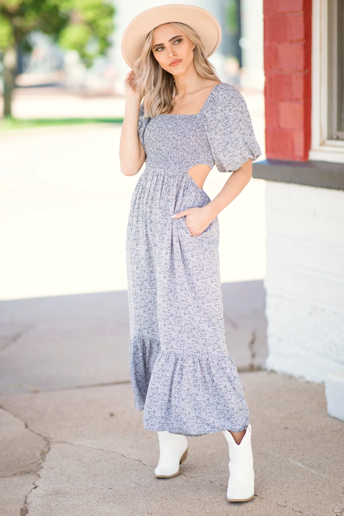 Slate Blue Floral Midi Dress with Back Cutout