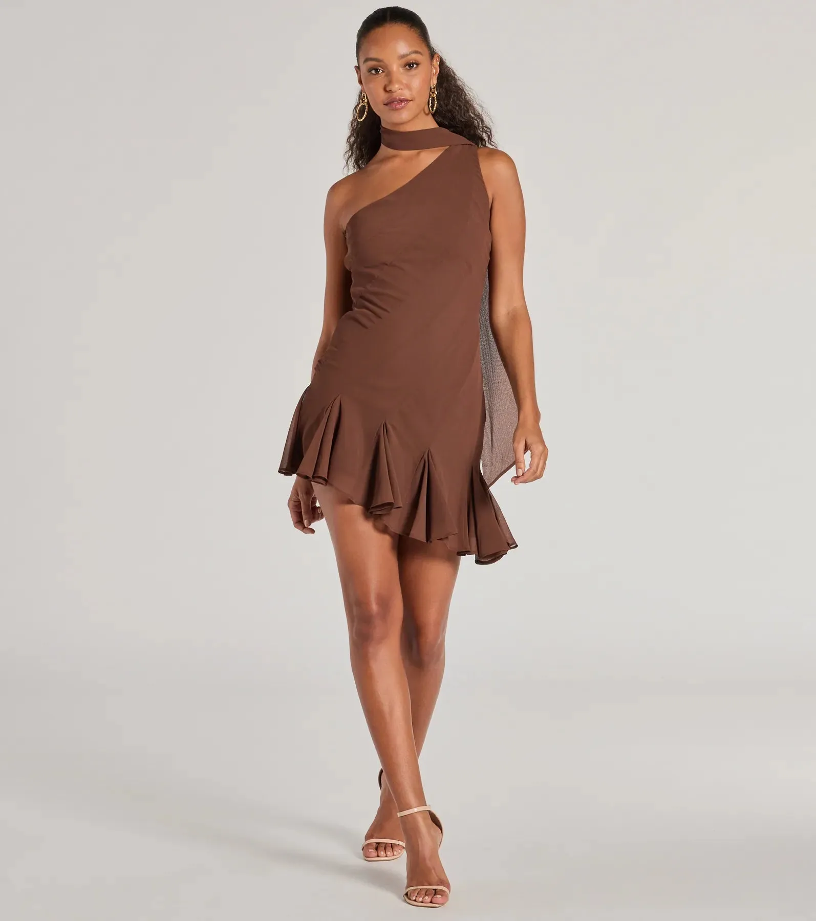 Sleek And Elevated Chiffon Scarf Neck Mini Dress