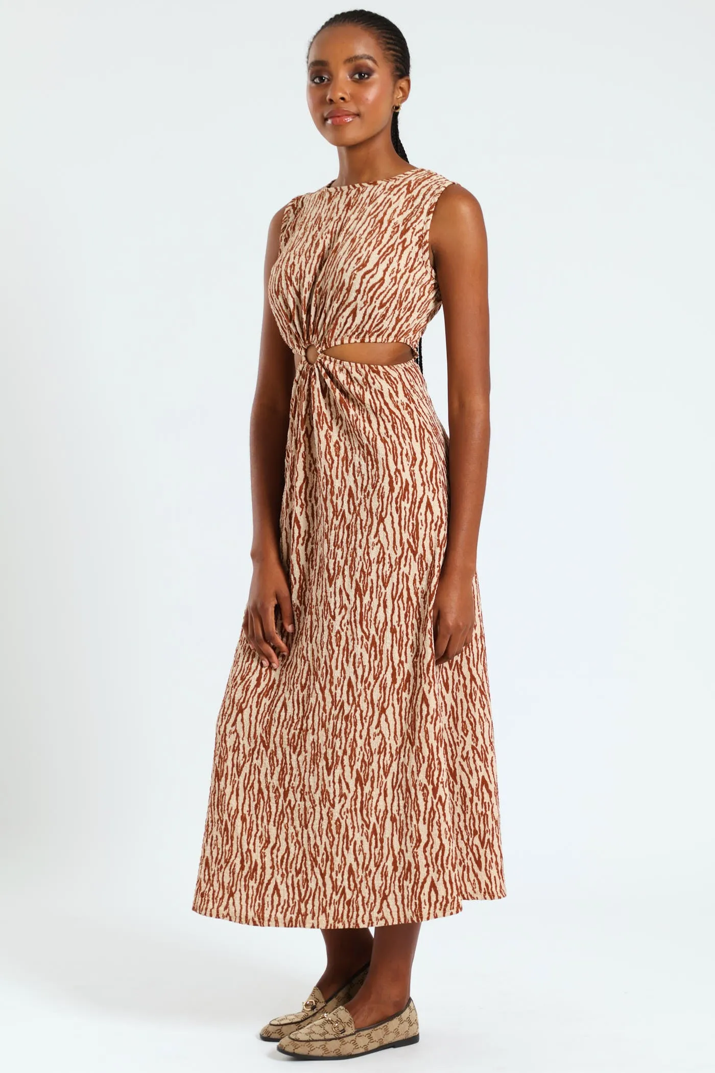Sleeveless O-Ring Cutout Midi Dress-Beige/Mocha