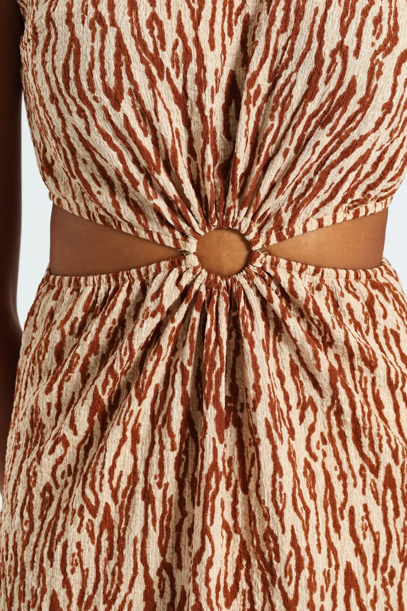 Sleeveless O-Ring Cutout Midi Dress-Beige/Mocha