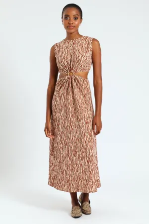Sleeveless O-Ring Cutout Midi Dress-Beige/Mocha
