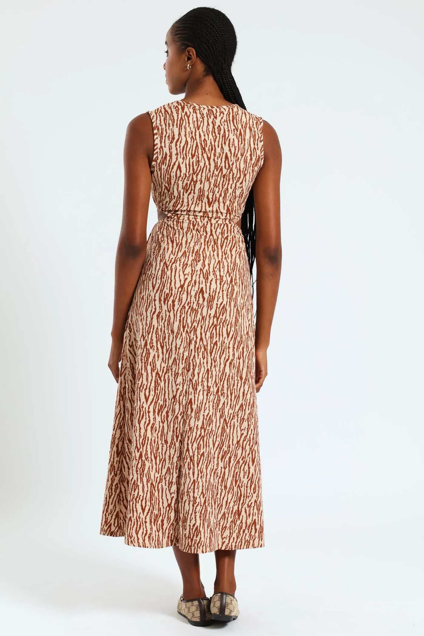 Sleeveless O-Ring Cutout Midi Dress-Beige/Mocha