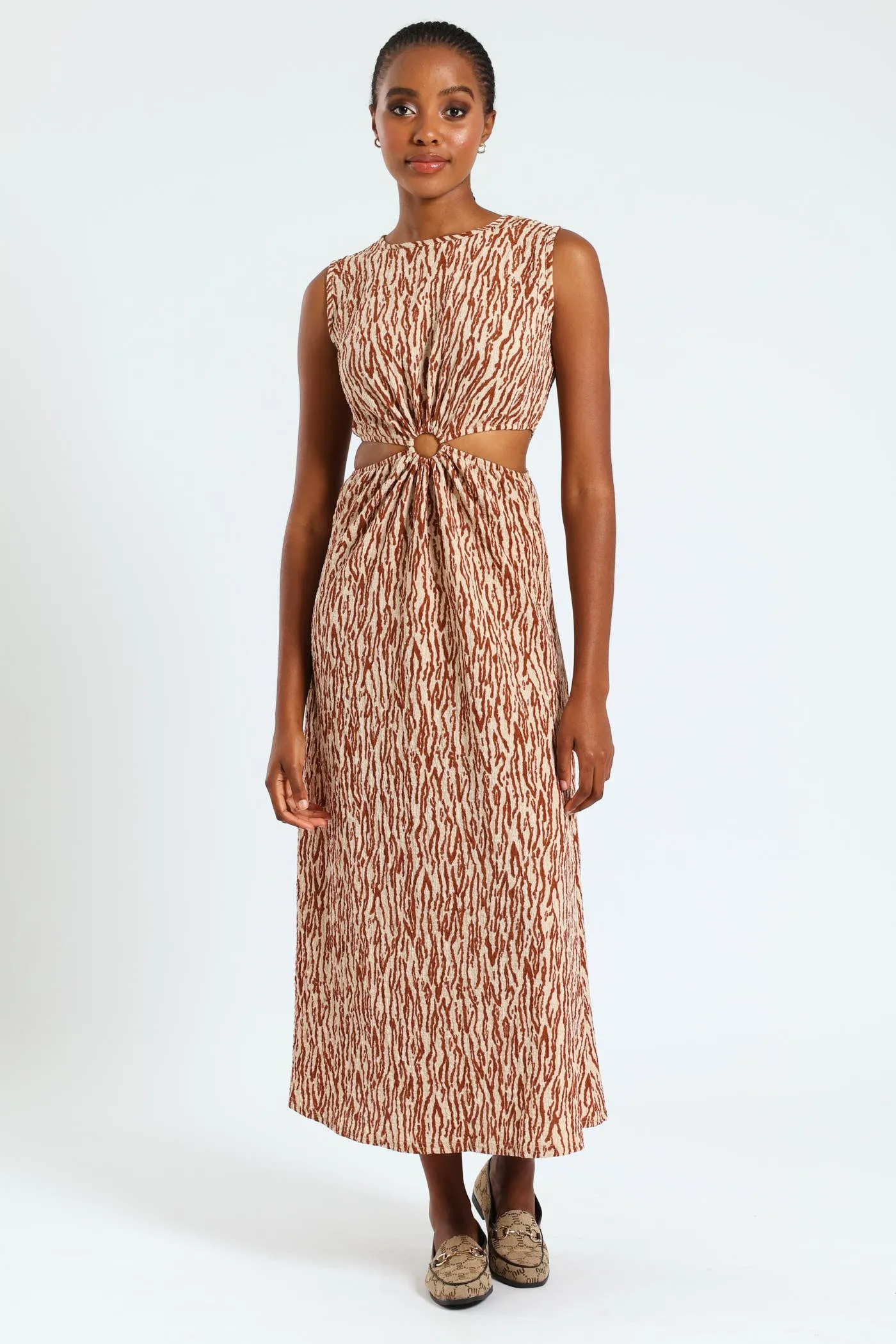 Sleeveless O-Ring Cutout Midi Dress-Beige/Mocha