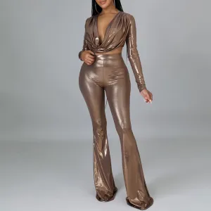 Solid Deep V-Neck Long Sleeve Crop Top & Bell Bottomed Pants Set