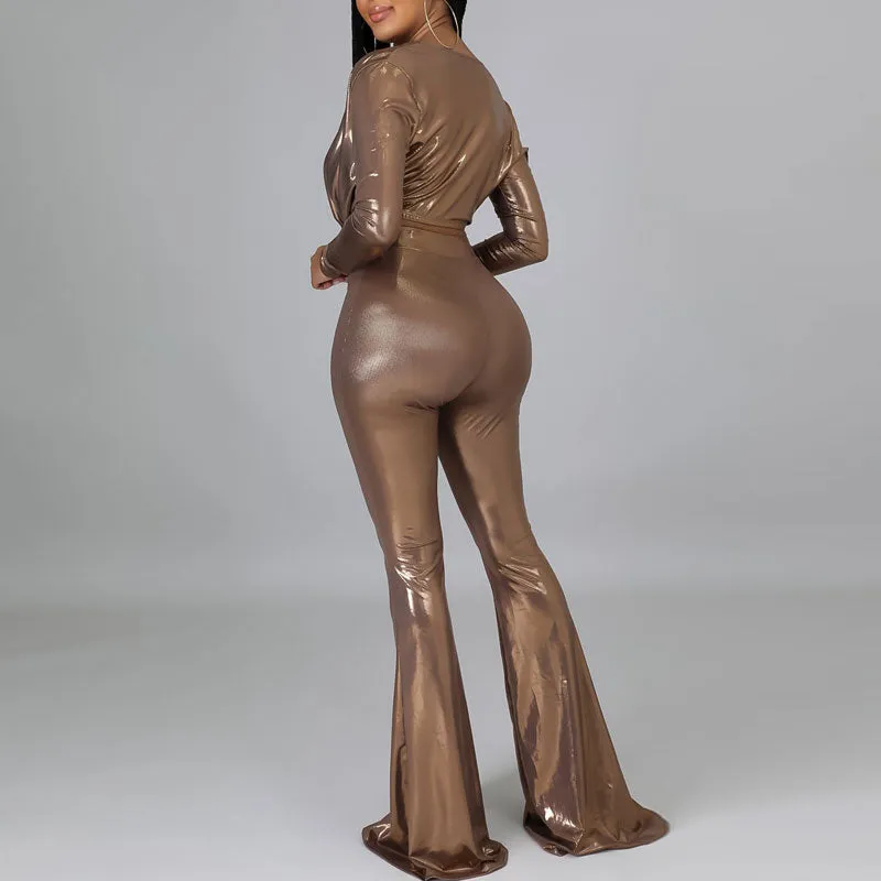 Solid Deep V-Neck Long Sleeve Crop Top & Bell Bottomed Pants Set