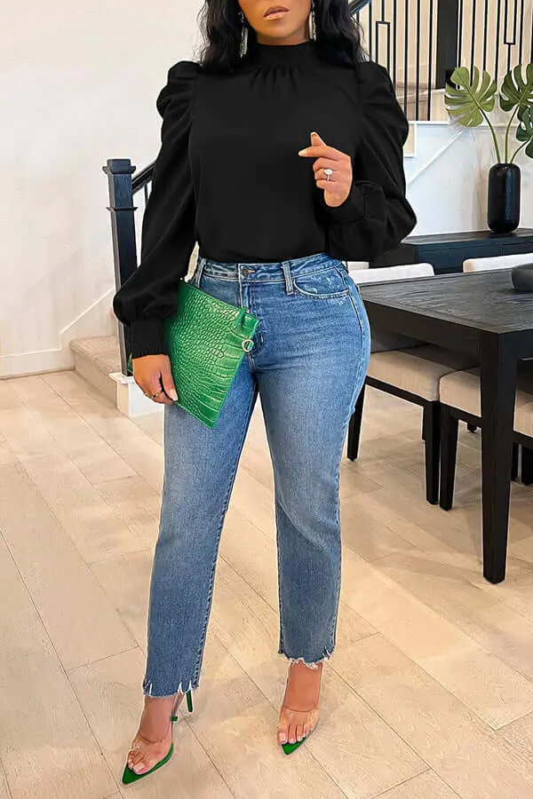 Solid Puff Sleeve Tie Back Top