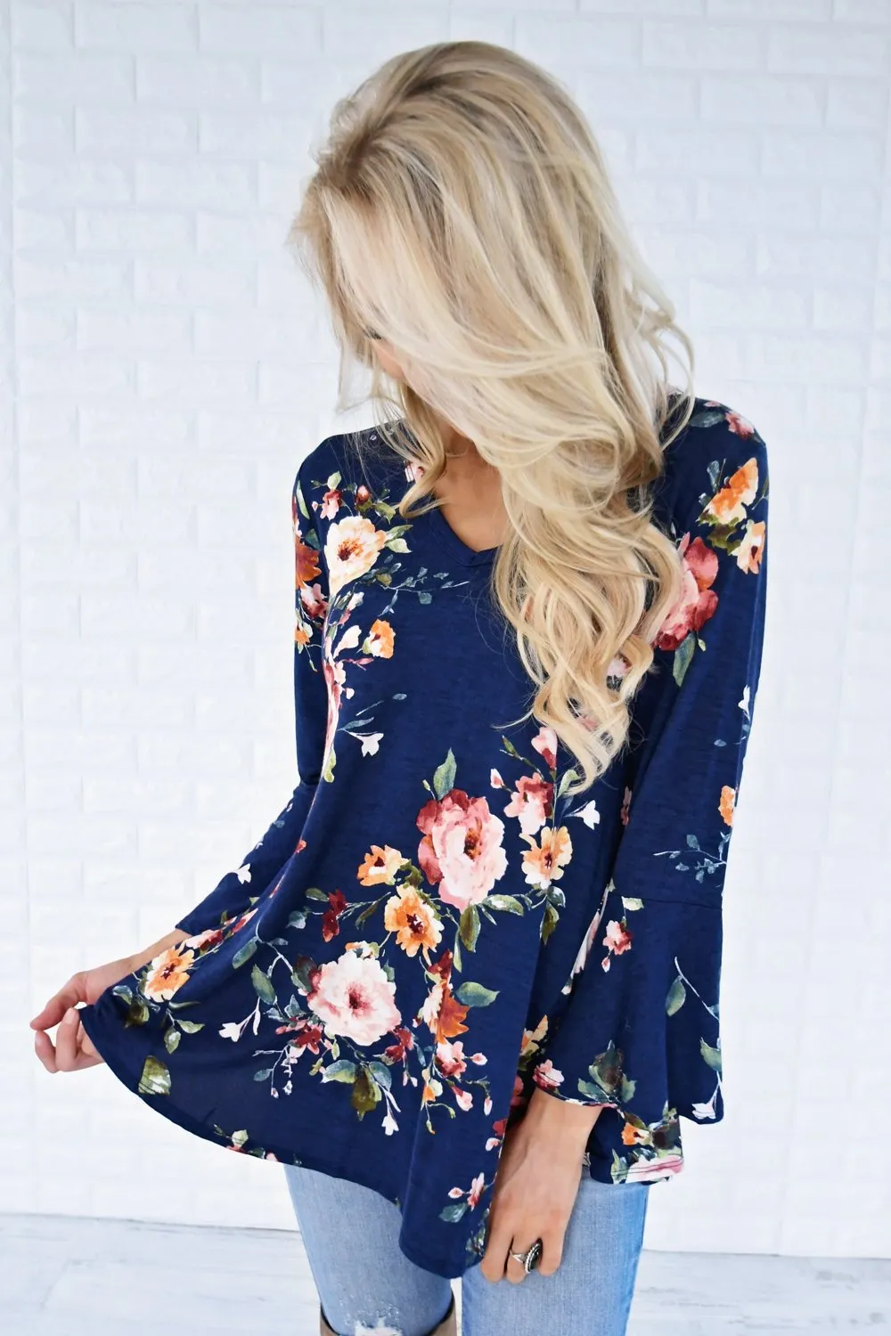 Southern Belle Floral Top ~ Navy