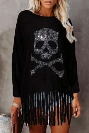 Street Skull Head Tassel Hot Drill O Neck Tops