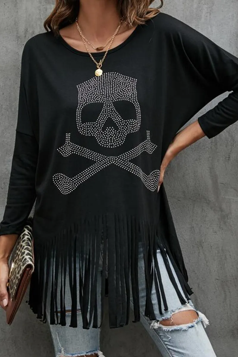 Street Skull Head Tassel Hot Drill O Neck Tops