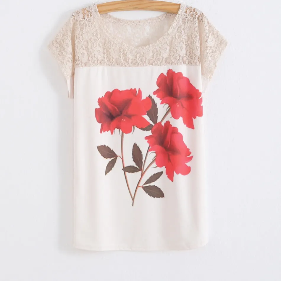 Summer Batwing Sleeve Shirt Women 3D Floral Printed Blouses Female Lace Patchwork Perspective Ladies Blouse