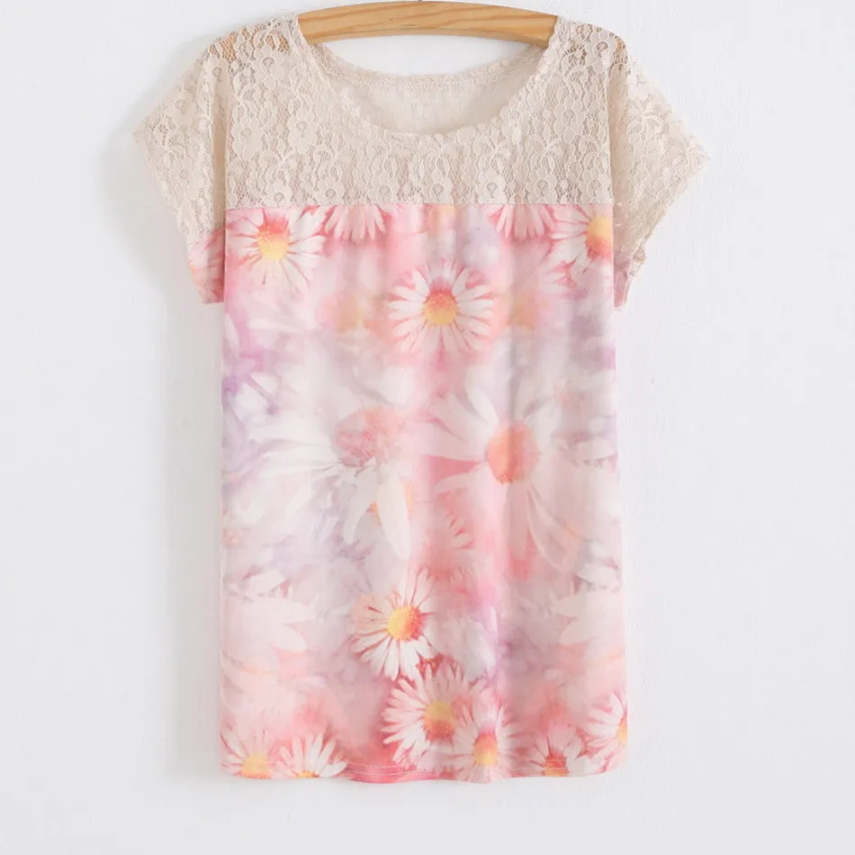 Summer Batwing Sleeve Shirt Women 3D Floral Printed Blouses Female Lace Patchwork Perspective Ladies Blouse