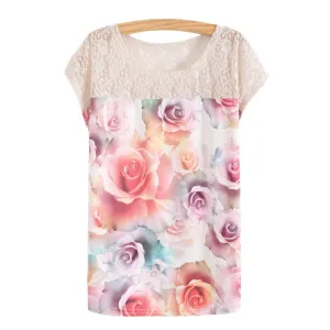 Summer Batwing Sleeve Shirt Women 3D Floral Printed Blouses Female Lace Patchwork Perspective Ladies Blouse
