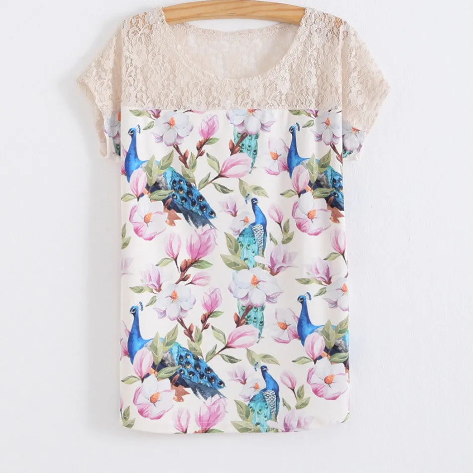 Summer Batwing Sleeve Shirt Women 3D Floral Printed Blouses Female Lace Patchwork Perspective Ladies Blouse