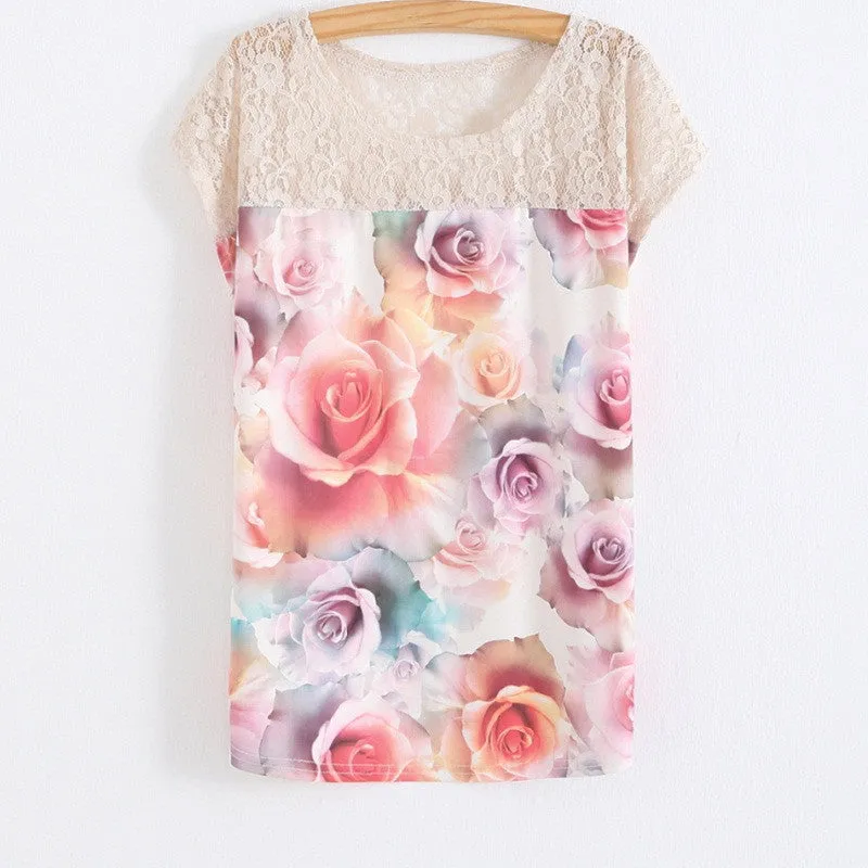 Summer Batwing Sleeve Shirt Women 3D Floral Printed Blouses Female Lace Patchwork Perspective Ladies Blouse