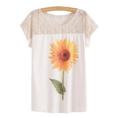 Summer Batwing Sleeve Shirt Women 3D Floral Printed Blouses Female Lace Patchwork Perspective Ladies Blouse